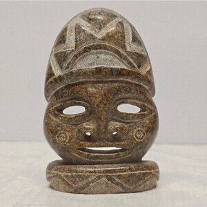 Vintage Aztec Mayan Pre-columbian Style Handcarved Stone Tribal Mask Figurine